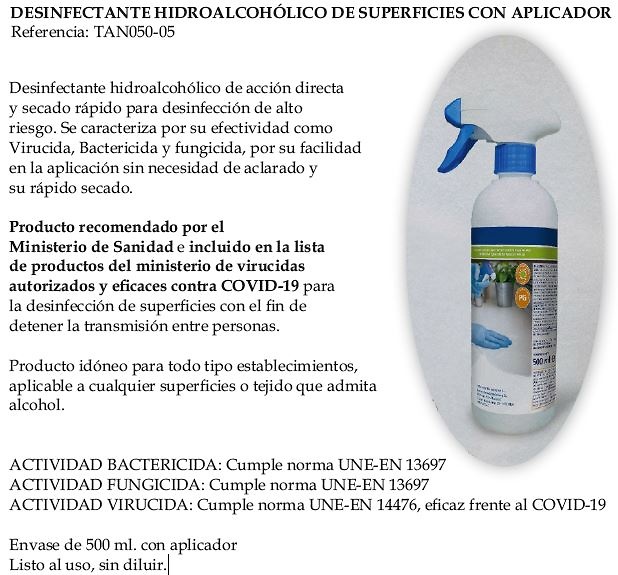 DESINFECTANTE HIDROALCOHÓLICO DE SUPERFICIES CON APLICADOR 500 ml 